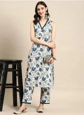 Women's Viscose Floral Printed Straight Kurta With Pant Set-ME97-KP-whtgry-lmb